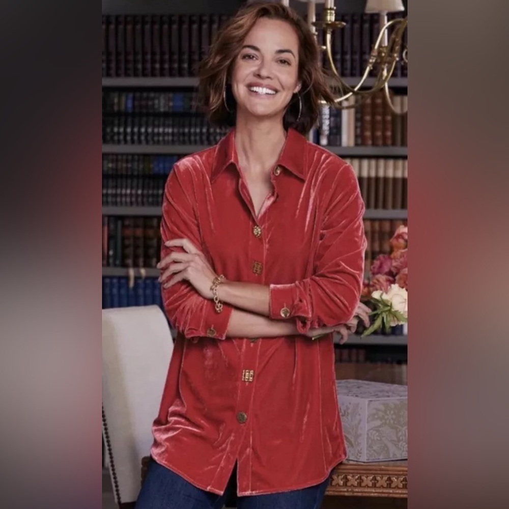 Soft Surroundings Velvet Filigree Boyfriend‎ Shirt Tunic Red Cinnamon Small